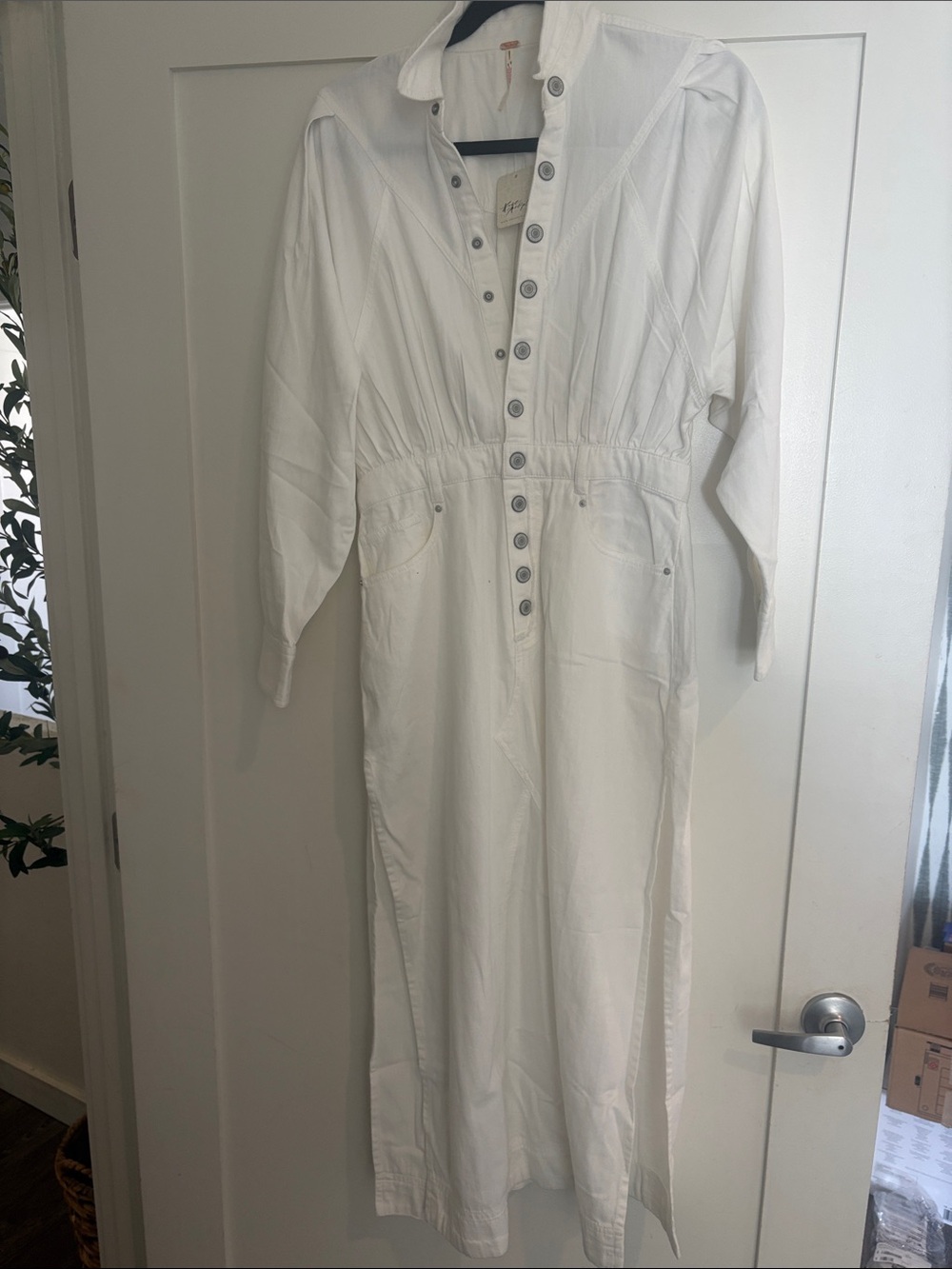 Free People White Mad Love Denim Midi Dress Dress Button High Slit Size S NWT